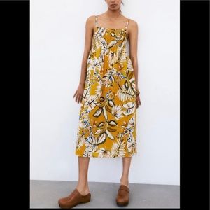 Zara Midi Dress XS Womens Hawaiian tropical floral print straps smocked Beach